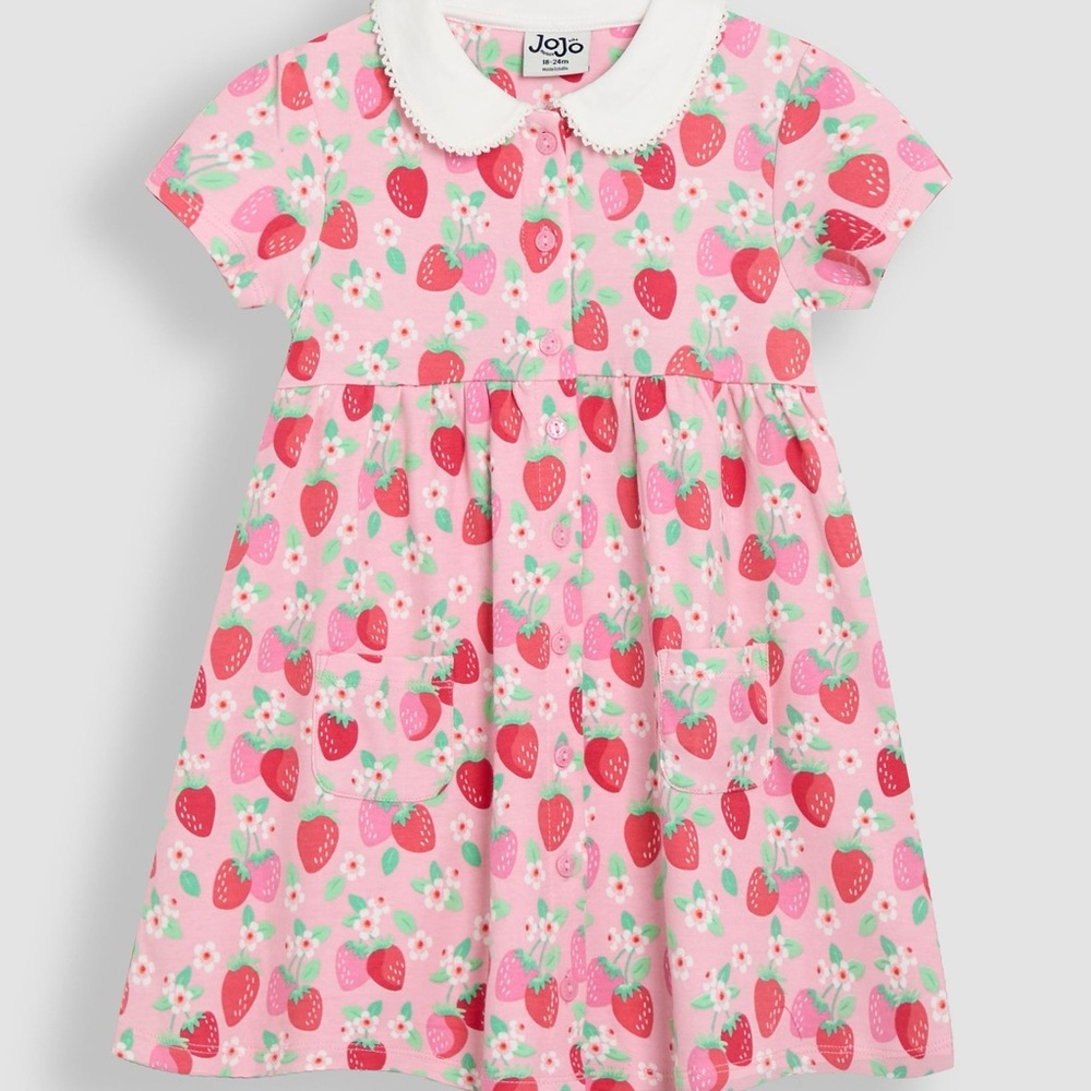 NWT Jojo Maman Bebe Pink Strawberry Floral Peter Pan Collar Button Front Dress